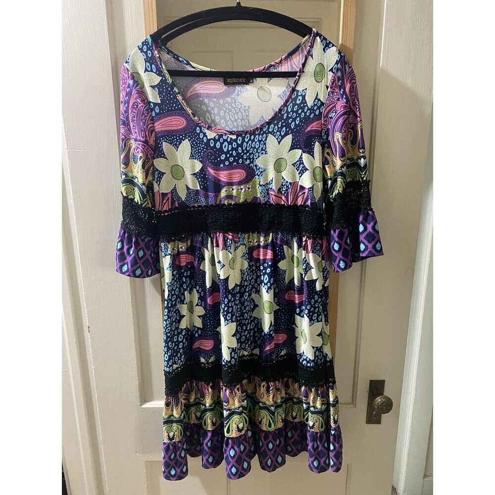 Reborn Burgundy 70s Retro Look Ruffle Sleeve BOHO Floral Dress Size M